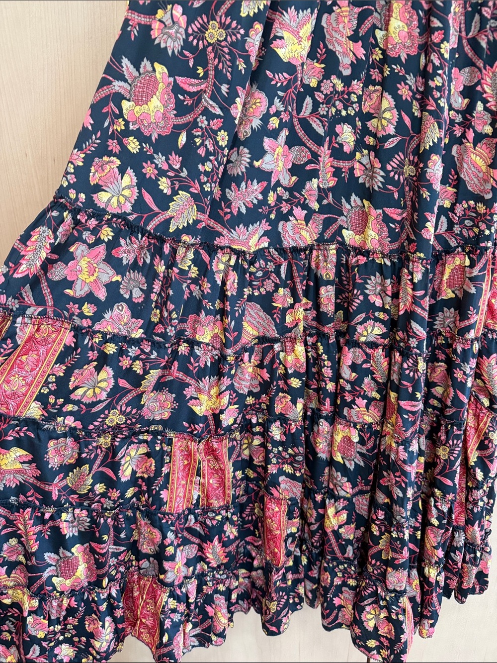 Smocked Floral Maxi Dress in Black with Pink & Gold Accents - Picture 3 of 4